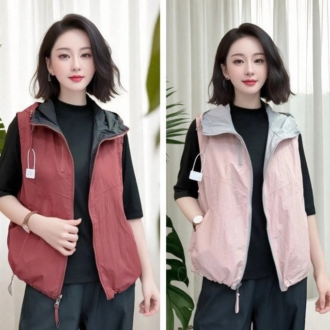 Sieviešu kapucēta veste ar rāvējslēdzēju priekšā, poliestera audums, brīvs piegriezums (kapucīte; rāvējslēdzējs; brīvs piegriezums; poliesteris; rudens 2025)