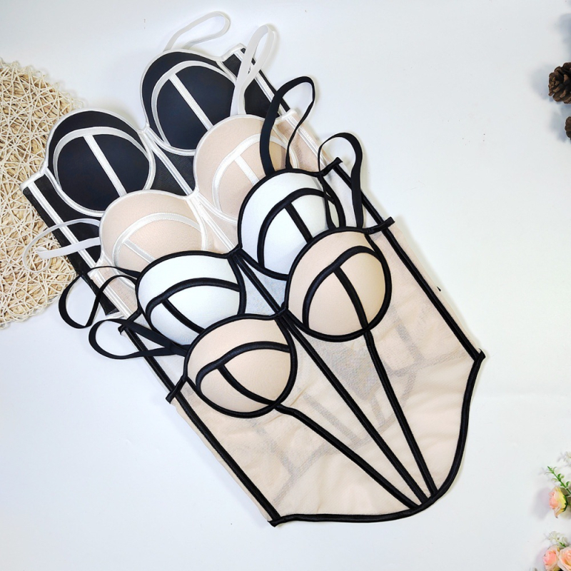 Sutien din plasă cu oase pentru femei, design sexy în contrast, siluetă subțire a taliei, top interior (Material: plasă; Material principal: bumbac; Captuseală: spandex 50–70%; Tip cupă: 1/2; Cupă: subțire)