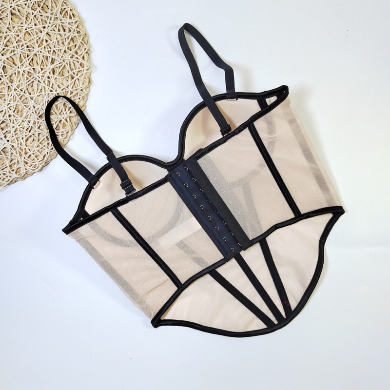 Sutien din plasă cu oase pentru femei, design sexy în contrast, siluetă subțire a taliei, top interior (Material: plasă; Material principal: bumbac; Captuseală: spandex 50–70%; Tip cupă: 1/2; Cupă: subțire)