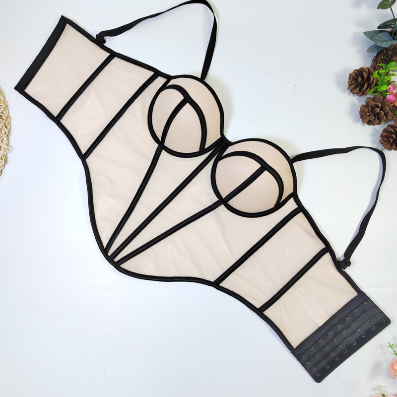 Sutien din plasă cu oase pentru femei, design sexy în contrast, siluetă subțire a taliei, top interior (Material: plasă; Material principal: bumbac; Captuseală: spandex 50–70%; Tip cupă: 1/2; Cupă: subțire)