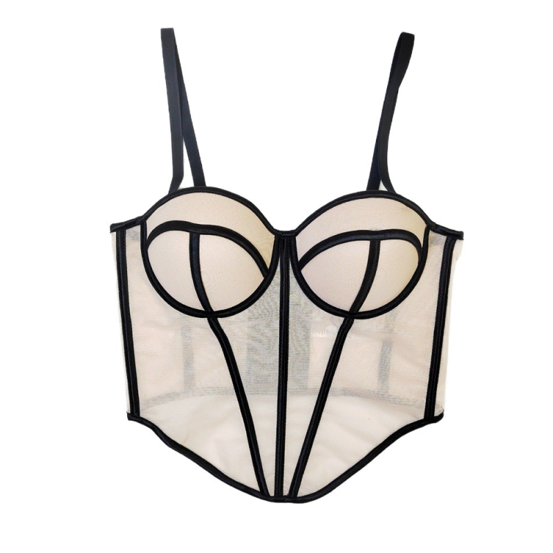 Sutien din plasă cu oase pentru femei, design sexy în contrast, siluetă subțire a taliei, top interior (Material: plasă; Material principal: bumbac; Captuseală: spandex 50–70%; Tip cupă: 1/2; Cupă: subțire)