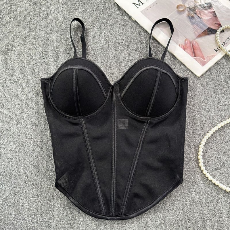 Sutien din plasă cu oase pentru femei, design sexy în contrast, siluetă subțire a taliei, top interior (Material: plasă; Material principal: bumbac; Captuseală: spandex 50–70%; Tip cupă: 1/2; Cupă: subțire)