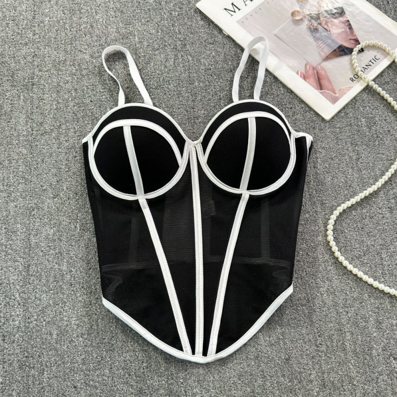 Sutien din plasă cu oase pentru femei, design sexy în contrast, siluetă subțire a taliei, top interior (Material: plasă; Material principal: bumbac; Captuseală: spandex 50–70%; Tip cupă: 1/2; Cupă: subțire)