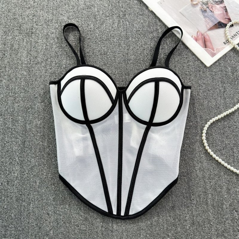 Sutien din plasă cu oase pentru femei, design sexy în contrast, siluetă subțire a taliei, top interior (Material: plasă; Material principal: bumbac; Captuseală: spandex 50–70%; Tip cupă: 1/2; Cupă: subțire)