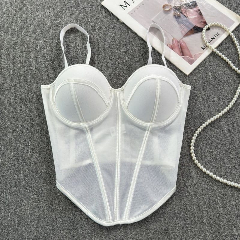 Sutien din plasă cu oase pentru femei, design sexy în contrast, siluetă subțire a taliei, top interior (Material: plasă; Material principal: bumbac; Captuseală: spandex 50–70%; Tip cupă: 1/2; Cupă: subțire)