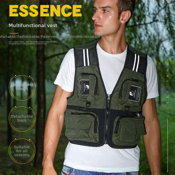 Zvejas veste ar daudzām kabatām, elpojoši sietu paneļi, noņemams elpojošs sietu prslēgs, četrsezonu poliestera audums, rāvējslēdzējs priekšā, V kakla izgriezums