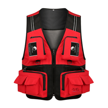 Zvejas veste ar daudzām kabatām, elpojoši sietu paneļi, noņemams elpojošs sietu prslēgs, četrsezonu poliestera audums, rāvējslēdzējs priekšā, V kakla izgriezums