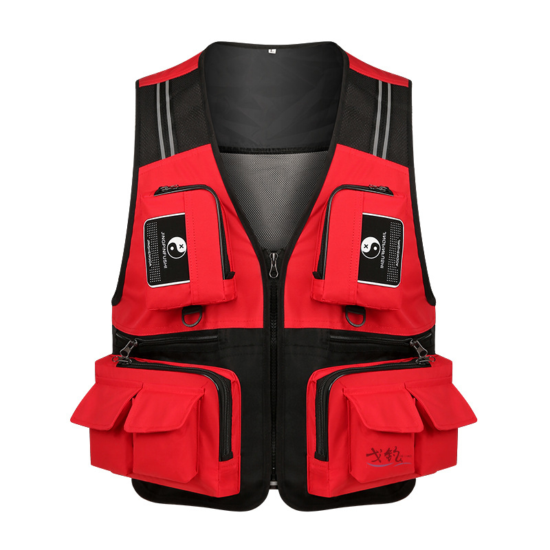 Zvejas veste ar daudzām kabatām, elpojoši sietu paneļi, noņemams elpojošs sietu prslēgs, četrsezonu poliestera audums, rāvējslēdzējs priekšā, V kakla izgriezums