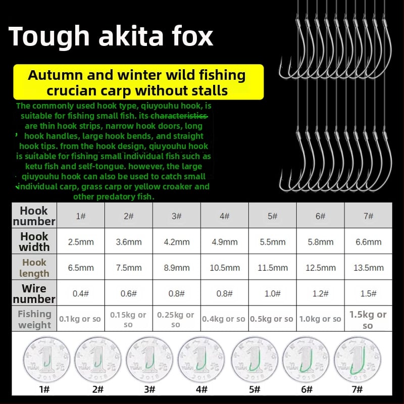 Huangbi Street Akita Fox Dubultā āķa komplekts gatavs lietošanai brīvās zvejas vajadzībām, āķi 1–8