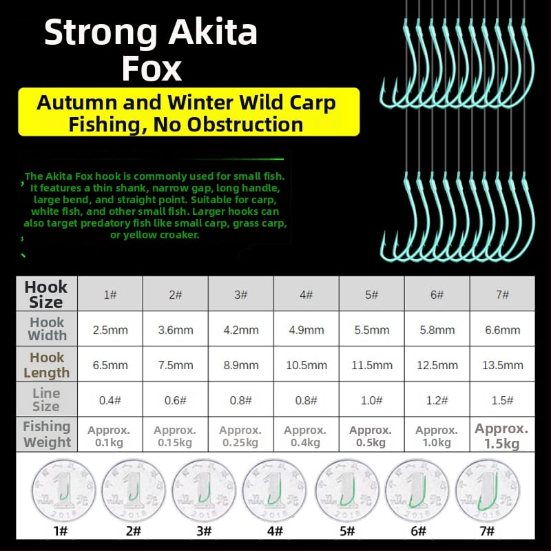 Huangbi Street Akita Fox Dubultā āķa komplekts gatavs lietošanai brīvās zvejas vajadzībām, āķi 1–8