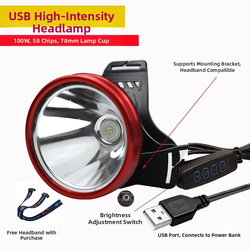 Frontala LED, USB reîncărcabilă, 5V, montare pe cap, distanța de iluminare ≥500 m, autonomie 8 h, potrivită pentru pescuit noaptea și drumeții