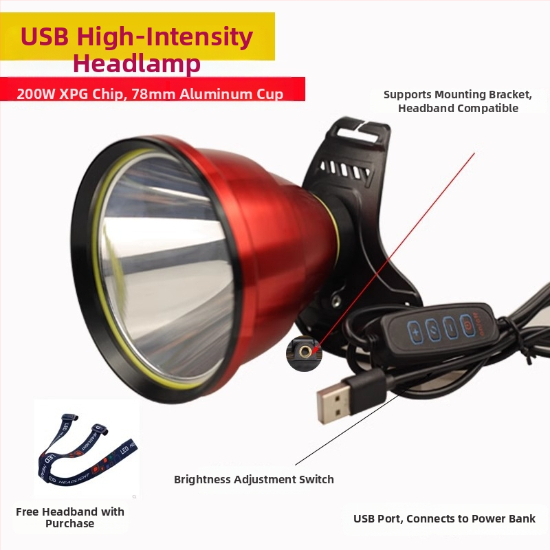 Frontala LED, USB reîncărcabilă, 5V, montare pe cap, distanța de iluminare ≥500 m, autonomie 8 h, potrivită pentru pescuit noaptea și drumeții