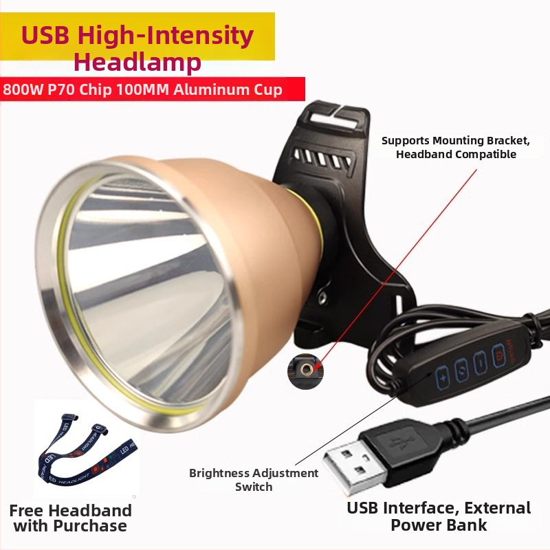 Frontala LED, USB reîncărcabilă, 5V, montare pe cap, distanța de iluminare ≥500 m, autonomie 8 h, potrivită pentru pescuit noaptea și drumeții