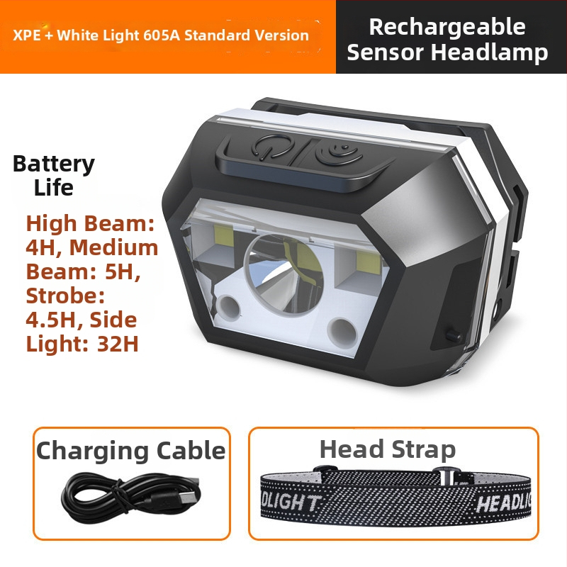 Lanternă frontală LED cu încărcare USB, impermeabilă, pentru camping în aer liber, rază fascicul 0–200 m, autonomie 3–6 ore