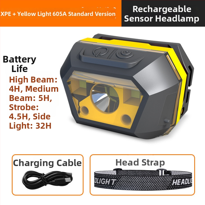 Lanternă frontală LED cu încărcare USB, impermeabilă, pentru camping în aer liber, rază fascicul 0–200 m, autonomie 3–6 ore