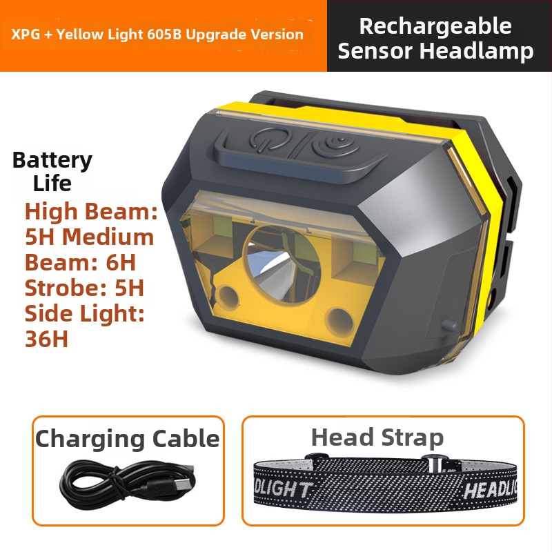 Lanternă frontală LED cu încărcare USB, impermeabilă, pentru camping în aer liber, rază fascicul 0–200 m, autonomie 3–6 ore