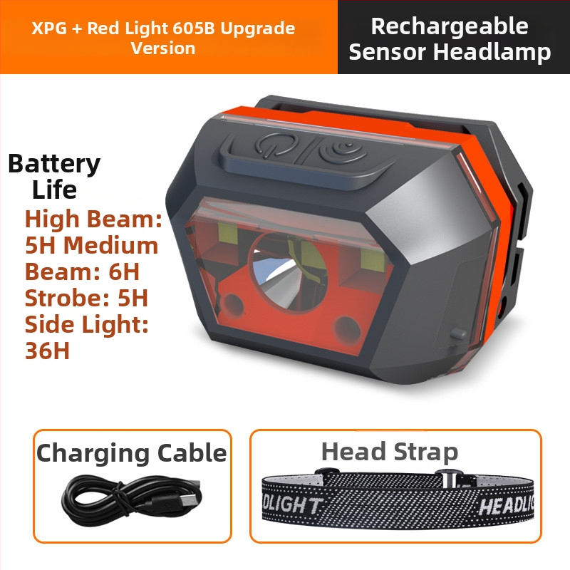 Lanternă frontală LED cu încărcare USB, impermeabilă, pentru camping în aer liber, rază fascicul 0–200 m, autonomie 3–6 ore