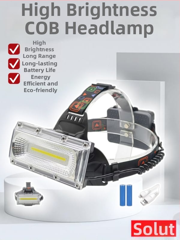 Frontala COB, încărcare USB, impermeabilă, purtare pe cap, iluminare puternică, rază 100–200 m, autonomie 4–8 ore