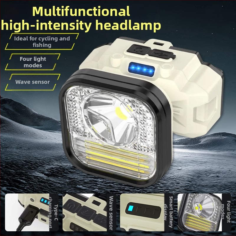 Lanternă frontală cu senzor, baterie 1200mAh, LED + bec, lanternă pentru bicicletă, drumeții în aer liber și pescuit noaptea, rază 50–100 m