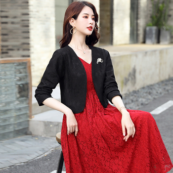 Γυναικείο δαντελένιο κοντό παλτό - Πολυεστέρας, Μονόχρωμο, Κοντό μήκος, Μακριά μανίκια, V-λαιμόκοψη, Ένα κουμπί