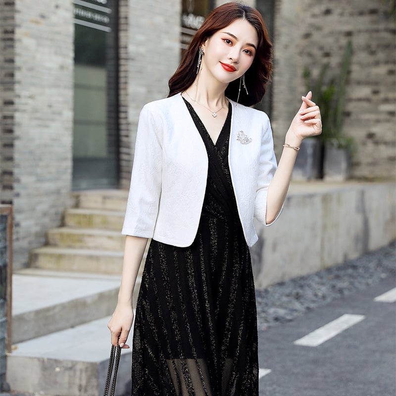 Γυναικείο δαντελένιο κοντό παλτό - Πολυεστέρας, Μονόχρωμο, Κοντό μήκος, Μακριά μανίκια, V-λαιμόκοψη, Ένα κουμπί