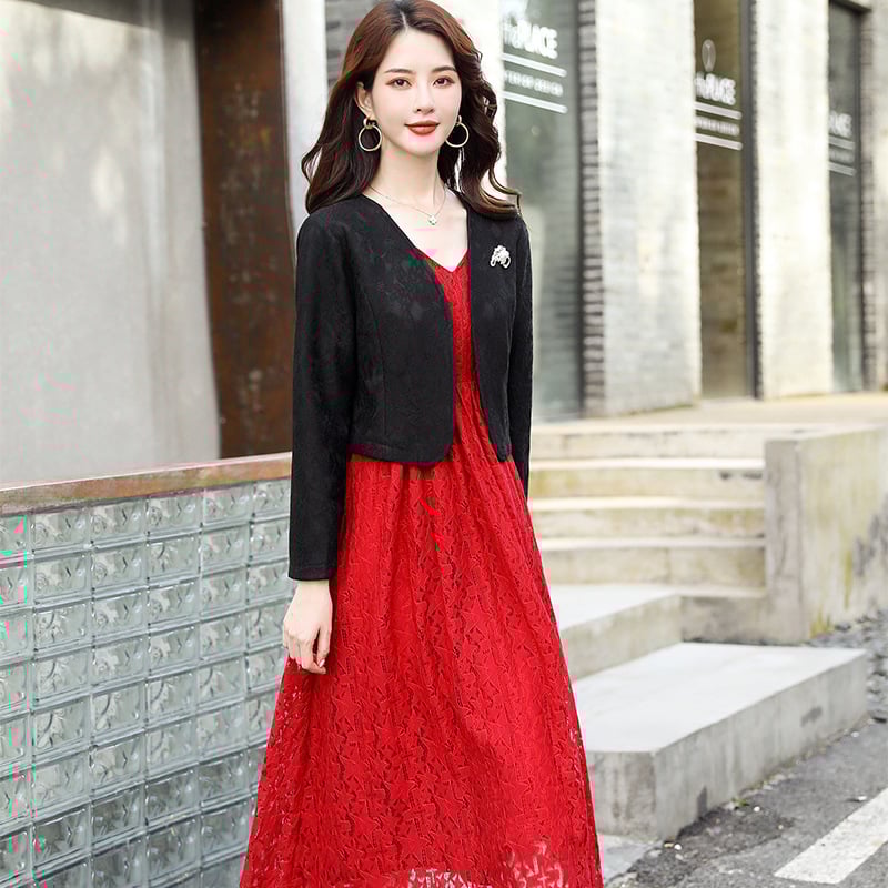 Γυναικείο δαντελένιο κοντό παλτό - Πολυεστέρας, Μονόχρωμο, Κοντό μήκος, Μακριά μανίκια, V-λαιμόκοψη, Ένα κουμπί