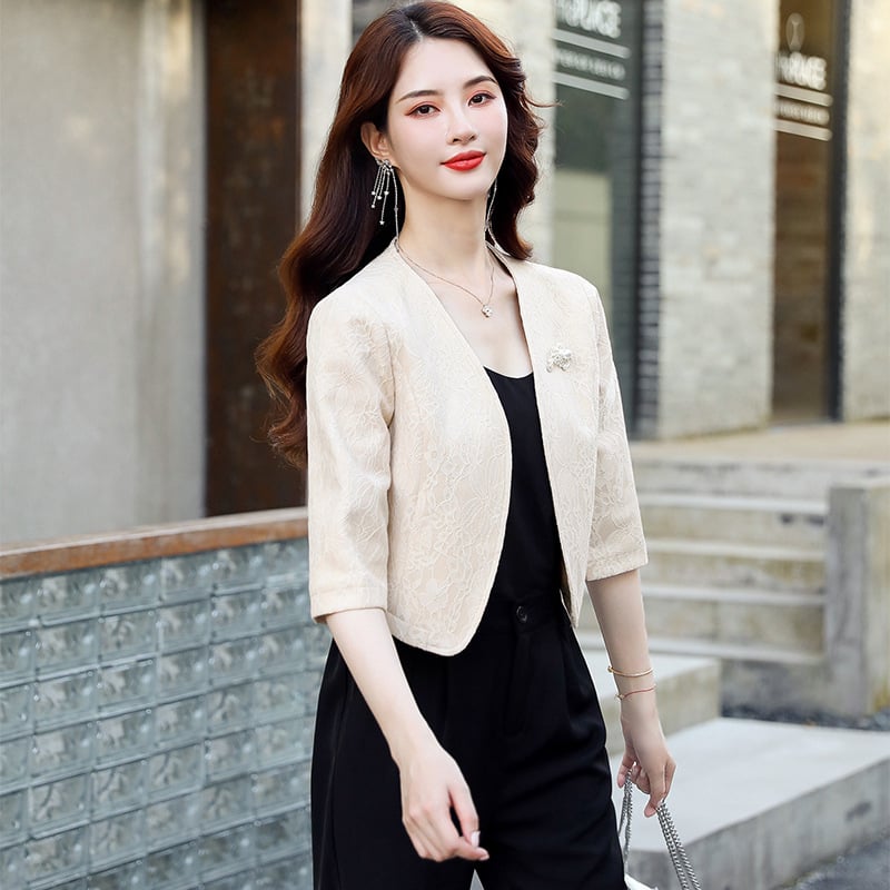 Γυναικείο δαντελένιο κοντό παλτό - Πολυεστέρας, Μονόχρωμο, Κοντό μήκος, Μακριά μανίκια, V-λαιμόκοψη, Ένα κουμπί