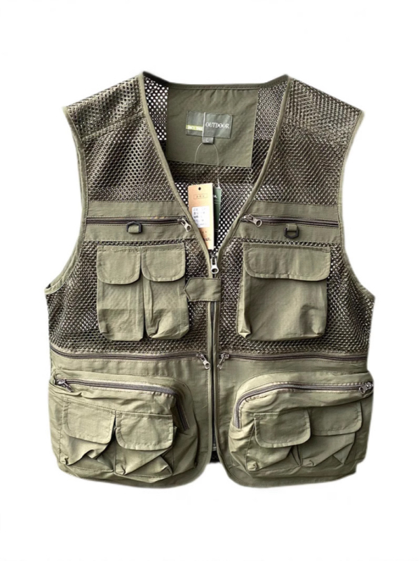 Darba veste ar 3D patch kabatām, rāvējslēdzēja priekšā, V formas kakls, brīvs griezums, poliestera audums ar pamuš, vasaras sezonai