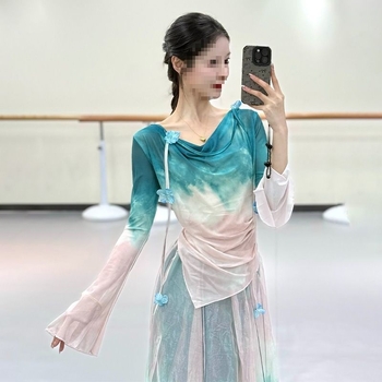 Folklorni plesni kostim set s gradientnim veo — Chenille-Spandex, unisex, proljeće 2025
