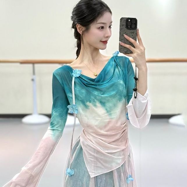 Folklorni plesni kostim set s gradientnim veo — Chenille-Spandex, unisex, proljeće 2025