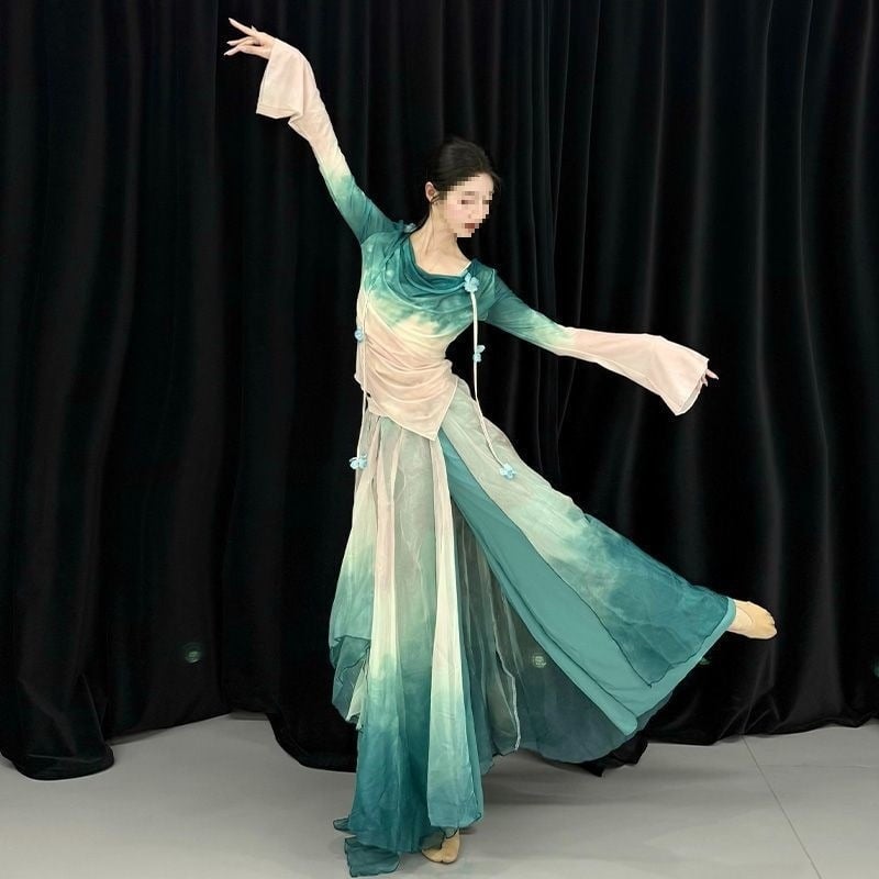 Folklorni plesni kostim set s gradientnim veo — Chenille-Spandex, unisex, proljeće 2025