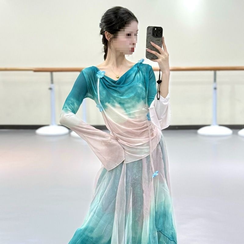 Folklorni plesni kostim set s gradientnim veo — Chenille-Spandex, unisex, proljeće 2025