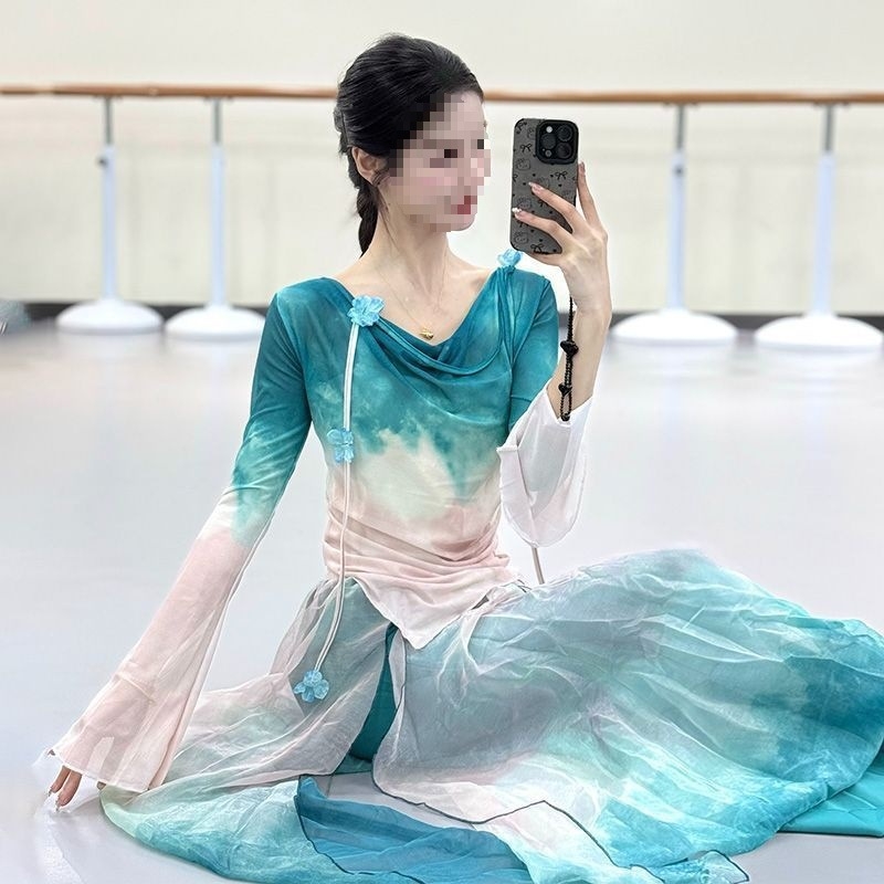 Folklorni plesni kostim set s gradientnim veo — Chenille-Spandex, unisex, proljeće 2025