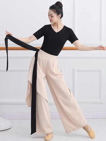 Smoky Bamboo costum modern de dans pentru femei — set top cu mâneci lungi și pantaloni largi, din chiffon, 95%+ poliester, potrivit pentru reprezentații pe scenă, iarna 2023.