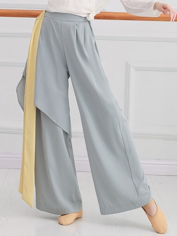 Smoky Bamboo costum modern de dans pentru femei — set top cu mâneci lungi și pantaloni largi, din chiffon, 95%+ poliester, potrivit pentru reprezentații pe scenă, iarna 2023.