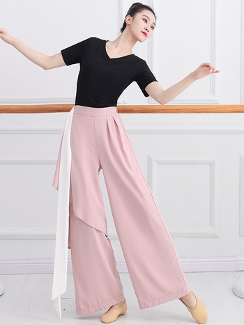 Smoky Bamboo costum modern de dans pentru femei — set top cu mâneci lungi și pantaloni largi, din chiffon, 95%+ poliester, potrivit pentru reprezentații pe scenă, iarna 2023.