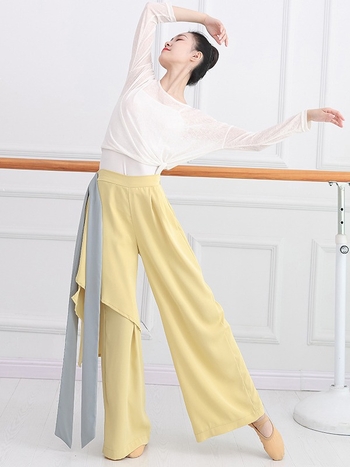 Smoky Bamboo costum modern de dans pentru femei — set top cu mâneci lungi și pantaloni largi, din chiffon, 95%+ poliester, potrivit pentru reprezentații pe scenă, iarna 2023.