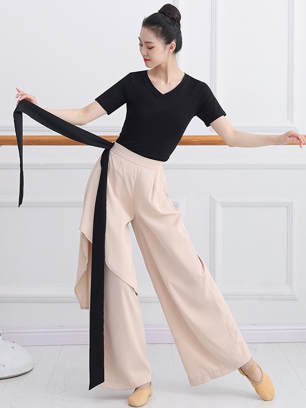 Smoky Bamboo costum modern de dans pentru femei — set top cu mâneci lungi și pantaloni largi, din chiffon, 95%+ poliester, potrivit pentru reprezentații pe scenă, iarna 2023.