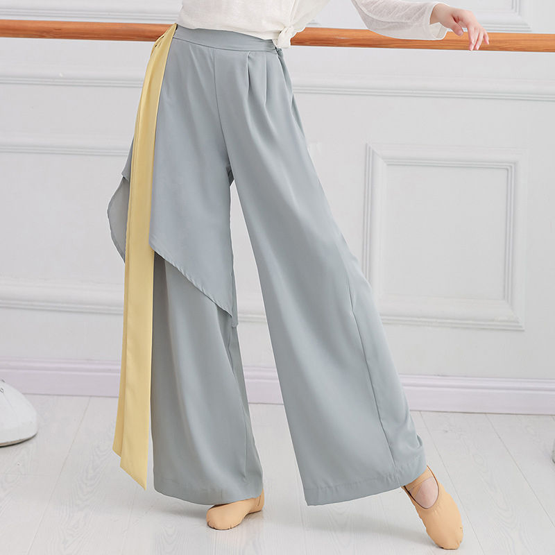 Smoky Bamboo costum modern de dans pentru femei — set top cu mâneci lungi și pantaloni largi, din chiffon, 95%+ poliester, potrivit pentru reprezentații pe scenă, iarna 2023.