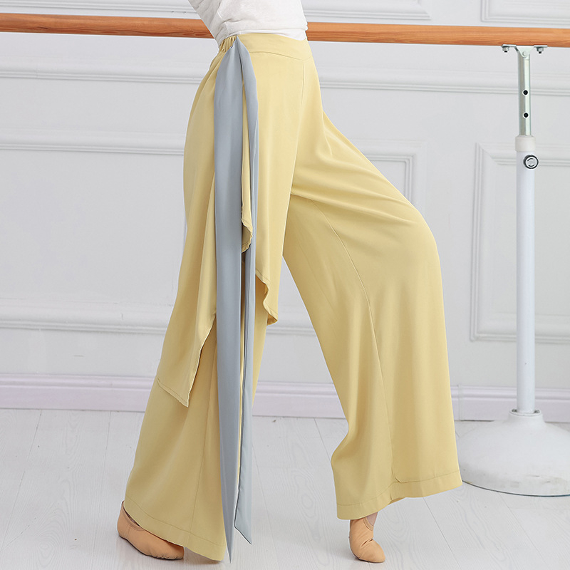 Smoky Bamboo costum modern de dans pentru femei — set top cu mâneci lungi și pantaloni largi, din chiffon, 95%+ poliester, potrivit pentru reprezentații pe scenă, iarna 2023.