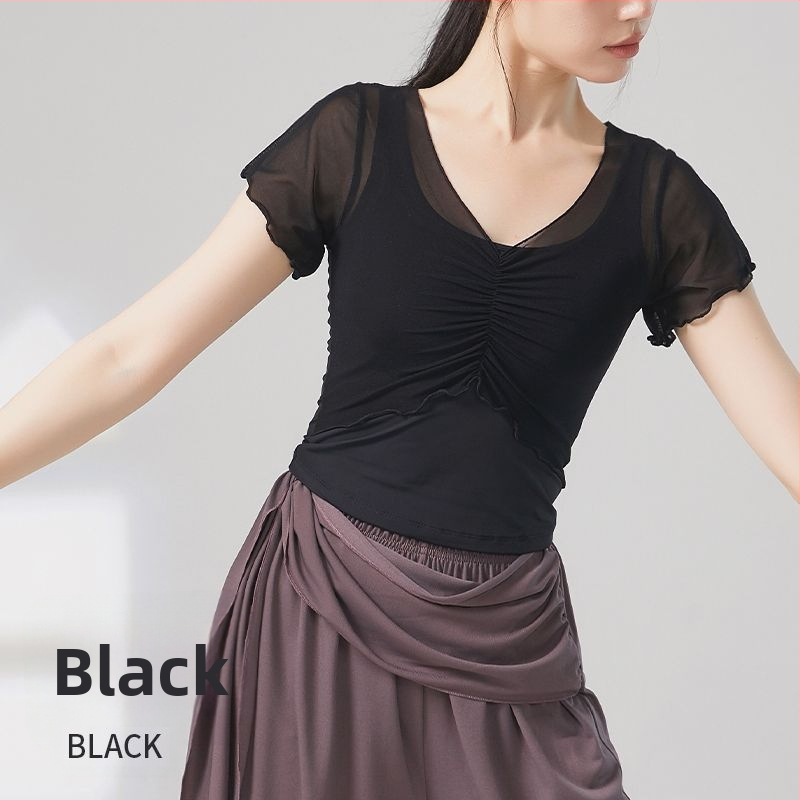 Sieviešu baleta bodijs etniskām dejām — īsas piedurknes, poliestera-elastāna maisījums, pavasaris 2025