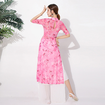 Belly Dance sieviešu skatuves tērps – ziedu raksts uz režģētā auduma, pamatsaudums Spandex 70–80%, ķīniešu stils