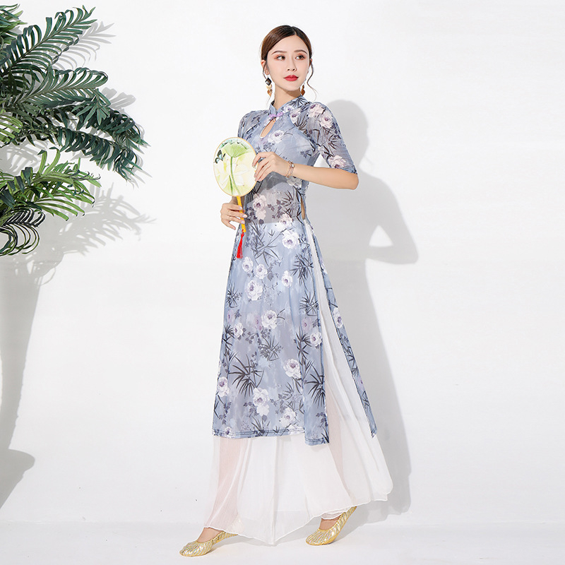 Belly Dance sieviešu skatuves tērps – ziedu raksts uz režģētā auduma, pamatsaudums Spandex 70–80%, ķīniešu stils