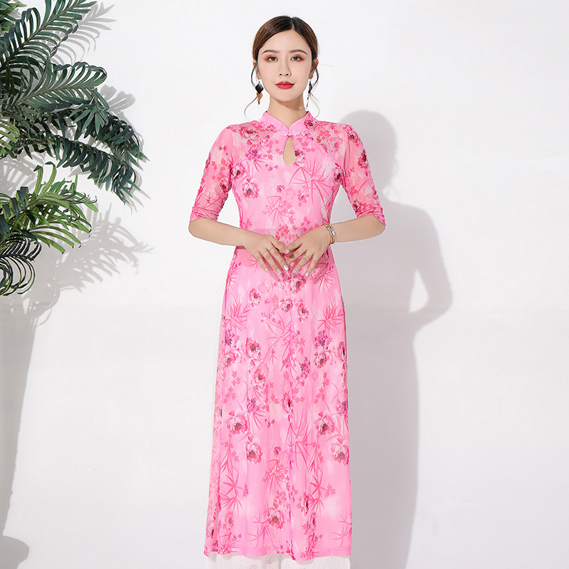 Belly Dance sieviešu skatuves tērps – ziedu raksts uz režģētā auduma, pamatsaudums Spandex 70–80%, ķīniešu stils