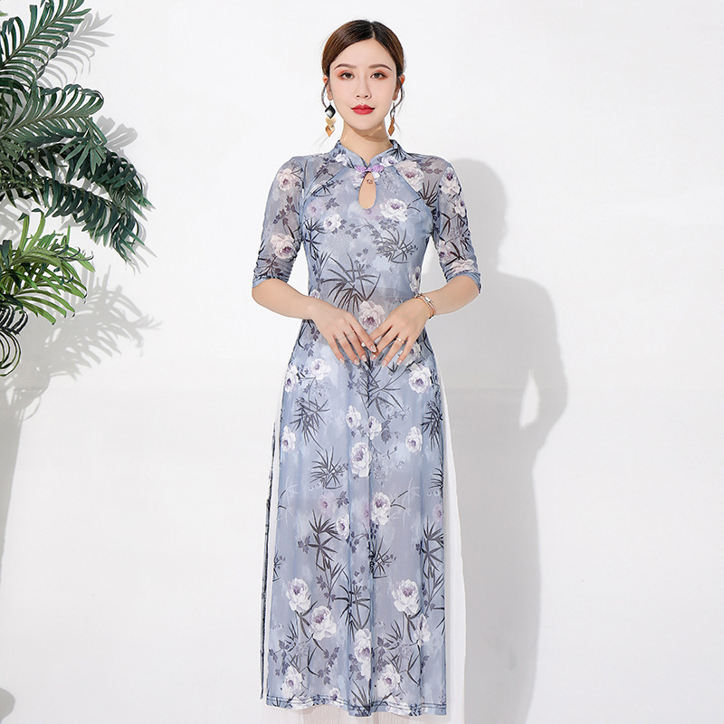 Belly Dance sieviešu skatuves tērps – ziedu raksts uz režģētā auduma, pamatsaudums Spandex 70–80%, ķīniešu stils