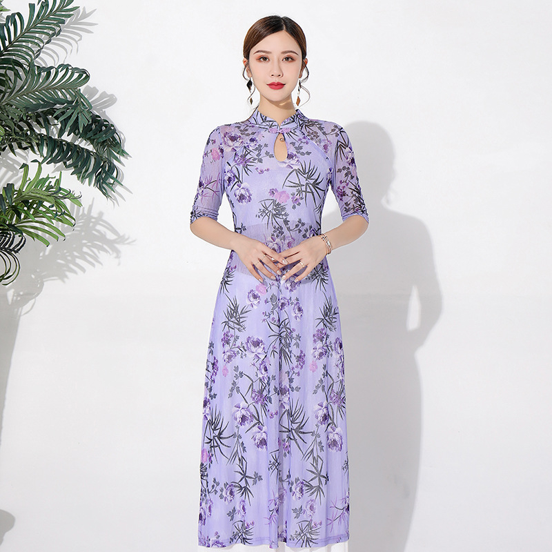 Belly Dance sieviešu skatuves tērps – ziedu raksts uz režģētā auduma, pamatsaudums Spandex 70–80%, ķīniešu stils