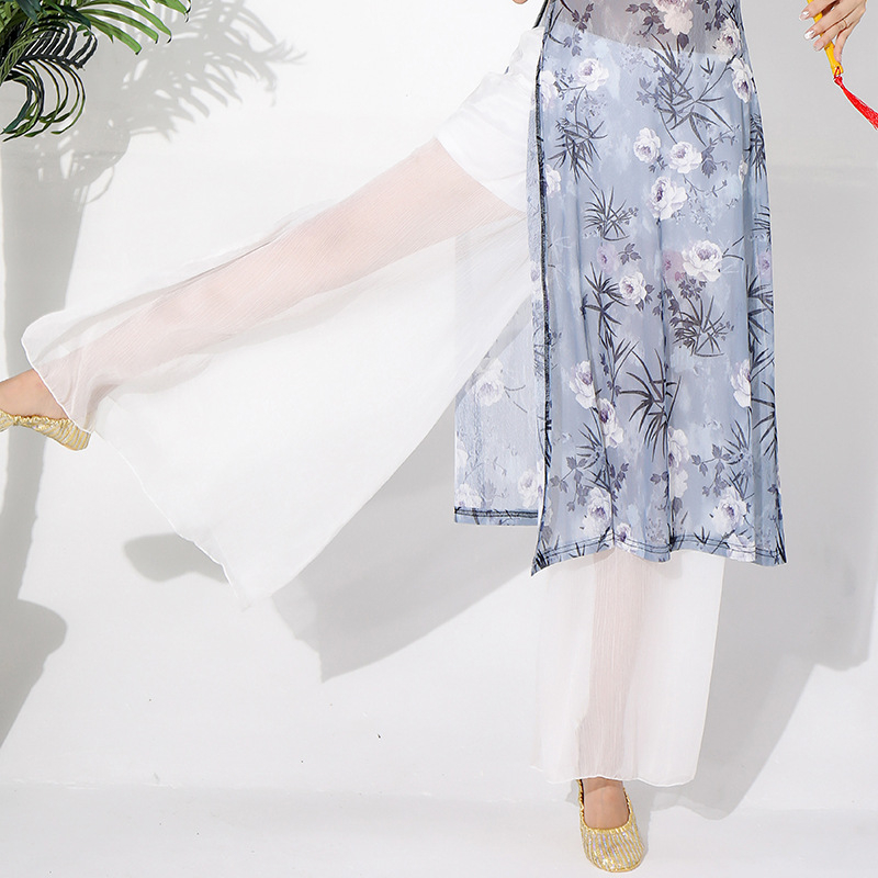 Belly Dance sieviešu skatuves tērps – ziedu raksts uz režģētā auduma, pamatsaudums Spandex 70–80%, ķīniešu stils