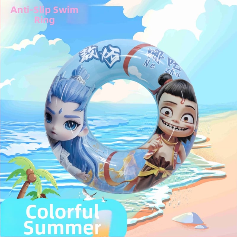 Inel de înot gonflabil pentru copii, design cartoon Nezha Ao Bing, PVC ecologic, grosime 2 mm