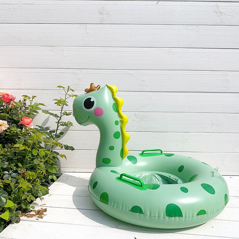 Inel de înot pentru copii, gonflabil, imprimeu cu dinosaur, cu spate, anti-răsturnare, PVC gros 20, destinat înotului și bălăceală