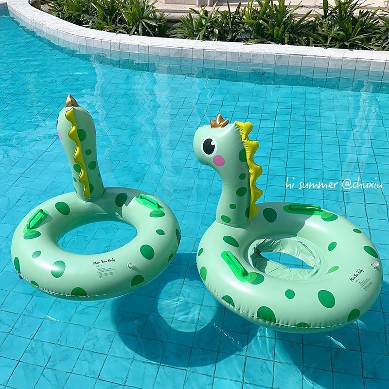 Inel de înot pentru copii, gonflabil, imprimeu cu dinosaur, cu spate, anti-răsturnare, PVC gros 20, destinat înotului și bălăceală